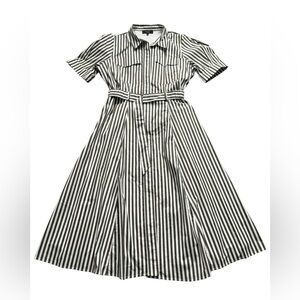 Basque cotton white and army green stripped collard belted lined dress size 16.